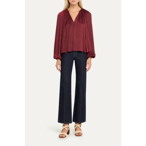 NEW ULLA JOHNSON electra pleated satin peasant blouse in claret